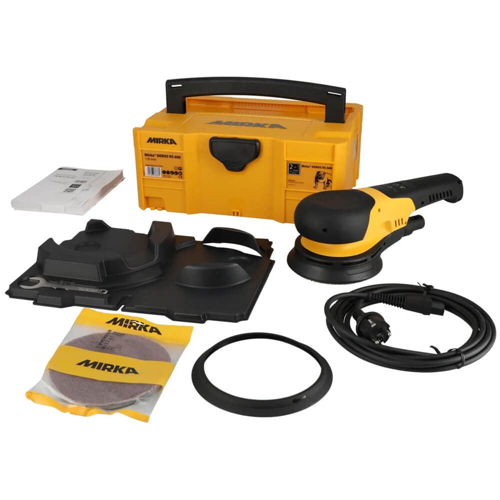 Mirka DEROS RS 600 kit including the 750W sander, yellow carry case, and power cable