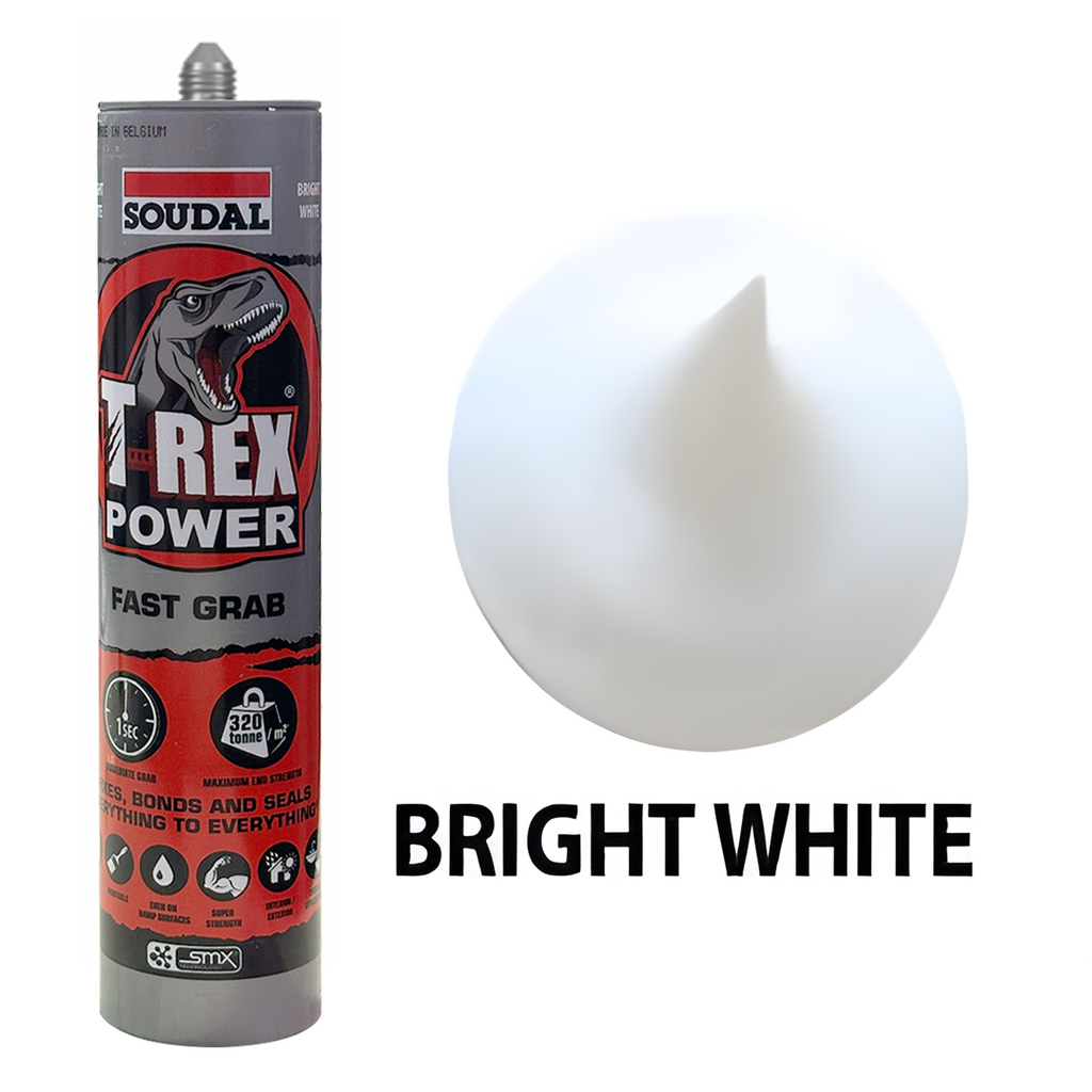 Soudal T-Rex Power bright white adhesive sample showing thick high-tack consistency