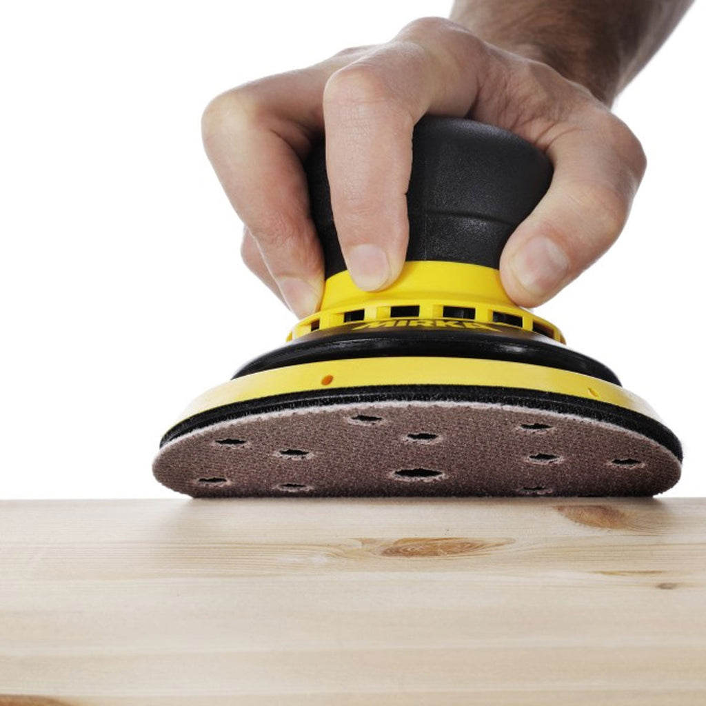 Mirka DEROS 625CV electric sander finishing a timber benchtop for a smooth surface