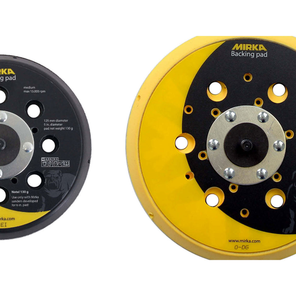 Mirka DEROS II kit featuring interchangeable 125mm and 150mm backing pads for versatility