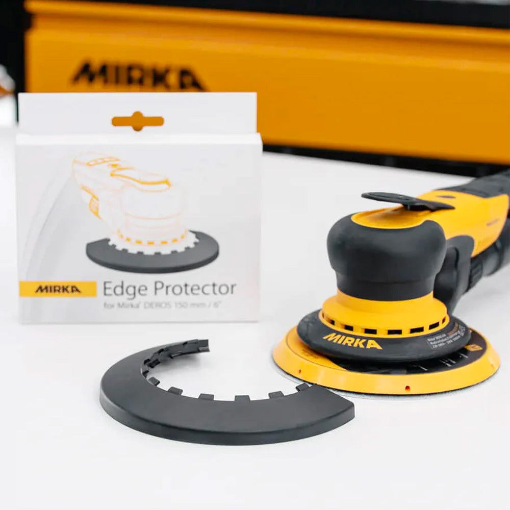 Mirka edge protector for 150mm DEROS sanders with original packaging in a workshop