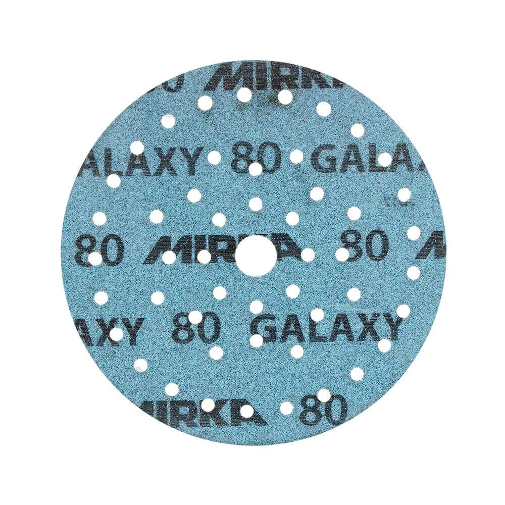 Overhead view of a blue 125mm Galaxy disc with a Multifit hole pattern for dust extraction