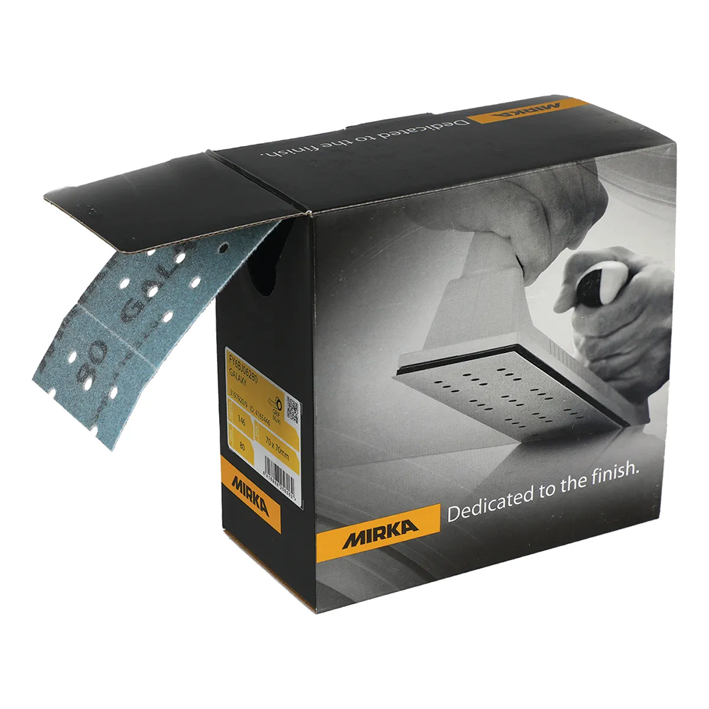 Mirka Galaxy dispenser box with blueish Multifit grip abrasive sheets for automotive prep
