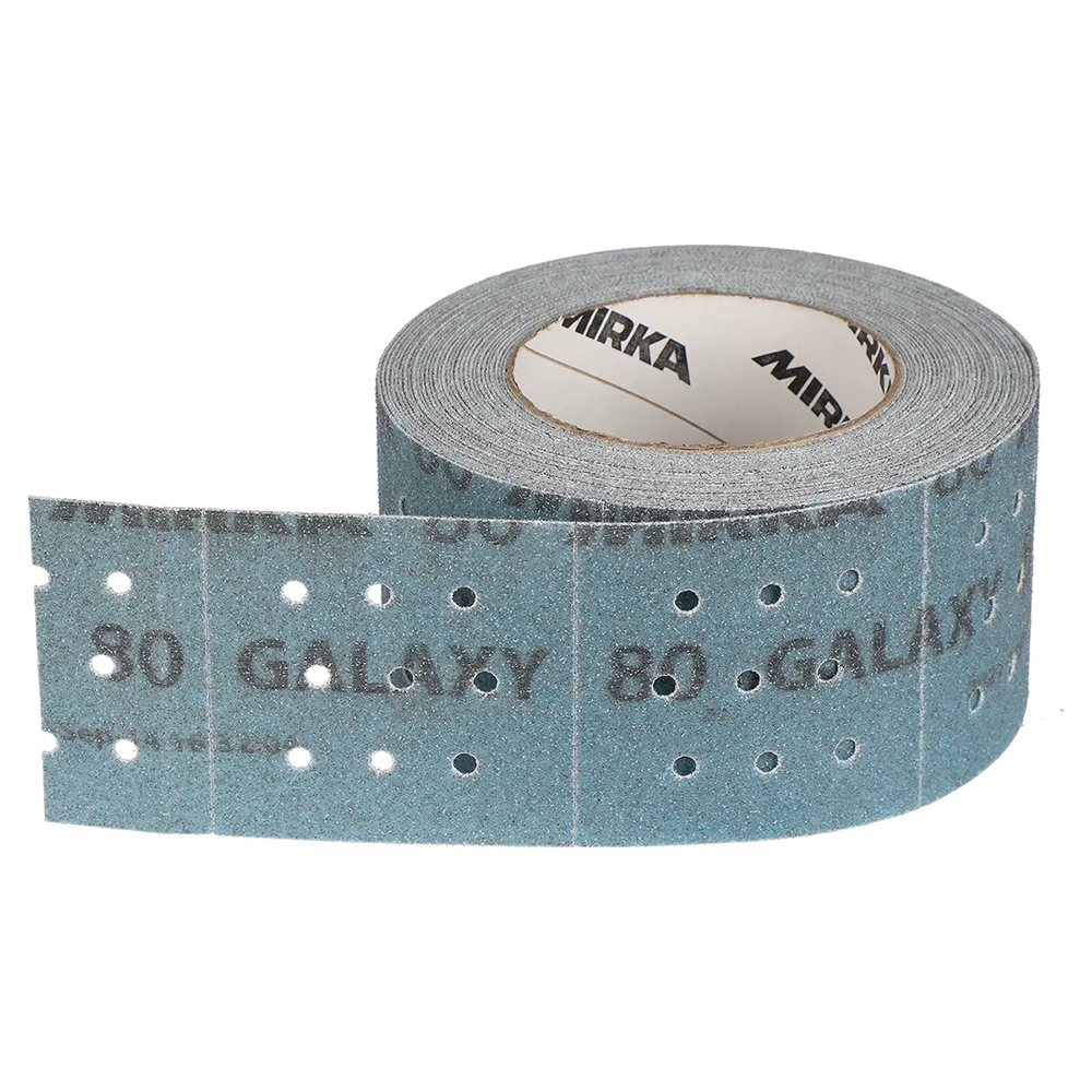 Blue Mirka Galaxy 70x70mm perforated abrasive roll with P80 grit ceramic grains