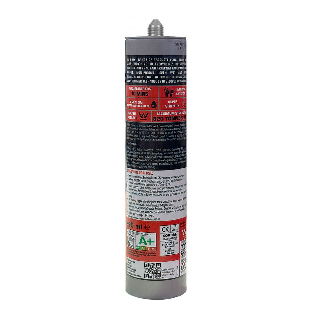 Back label of Soudal T-Rex Power showing 320kg load rating and potable water safety