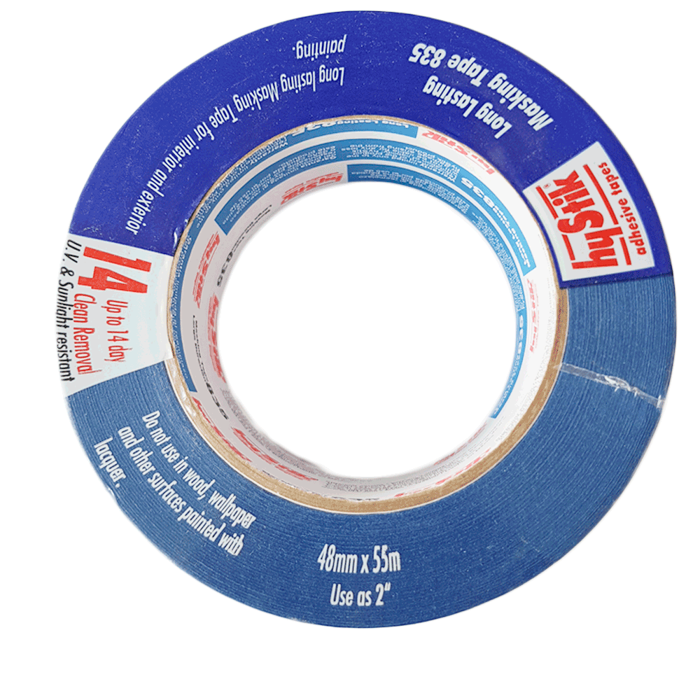 Wide 48mm Hystik 835 blue masking tape, 14-day clean removal roll for professional painters
