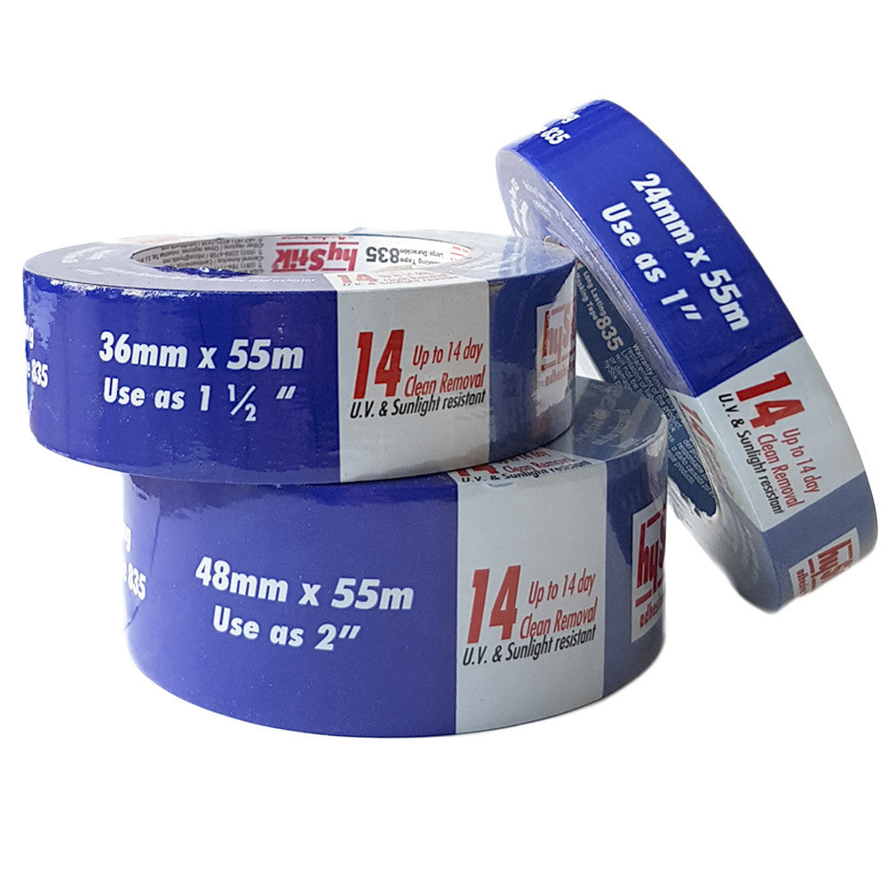 Three rolls of Hystik 835 blue masking tape in assorted sizes: 24mm, 36mm, and 48mm widths