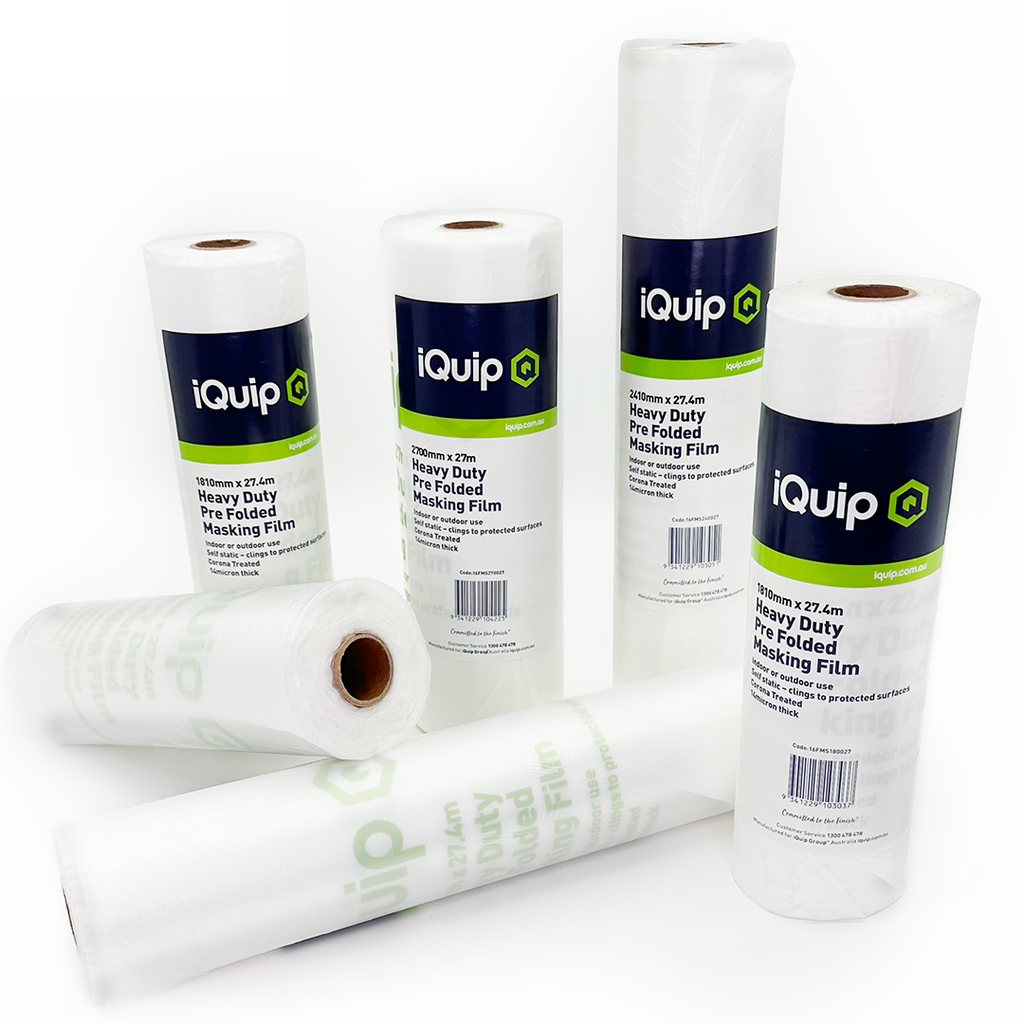 Group of iQuip heavy duty pre-folded masking film rolls with corona treated surface