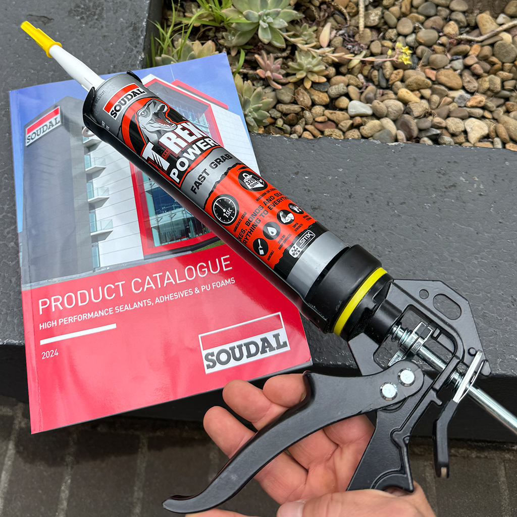 Soudal T-Rex Power Fast Grab cartridge and caulking gun with 2024 product catalogue