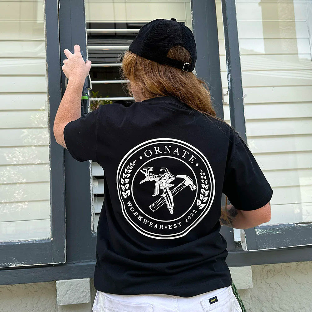 Ornate White T-shirt with Pink Print Logo