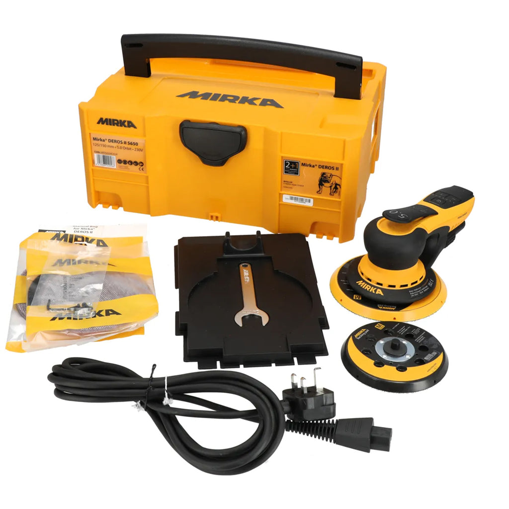 Mirka DEROS II kit with 125mm and 150mm pads, Abranet discs, and stackable storage case