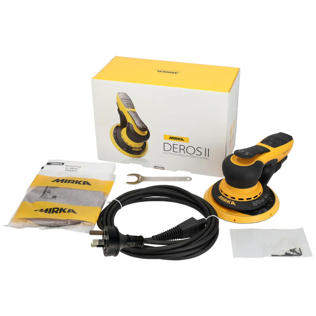 Mirka DEROS II 650CV retail kit with 150mm pad, power lead and Abranet abrasives