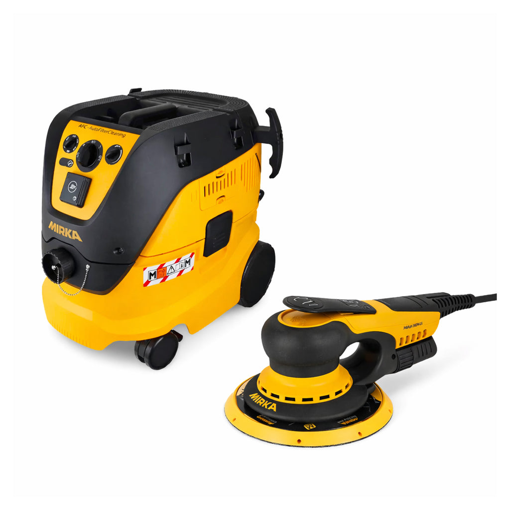 Mirka DEROS II 150mm orbital sander bundle with a 1230 M AFC dust extractor for trade use