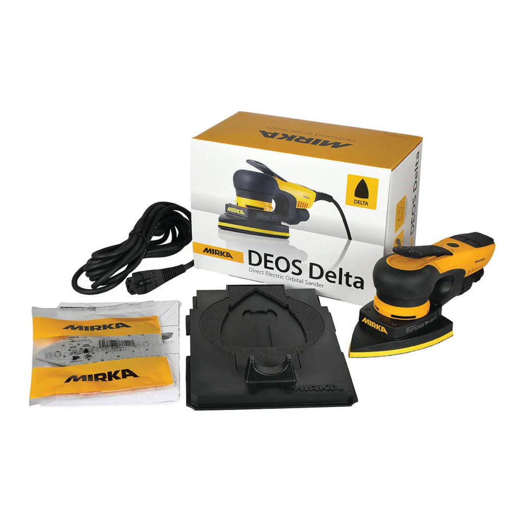 Mirka DEOS II Delta kit including triangular electric sander, Abranet discs and storage case