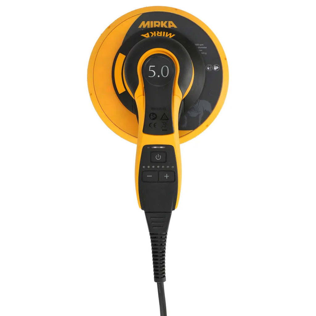 Top view of the Mirka DEROS II 750 showing ergonomic handle and speed adjustment buttons