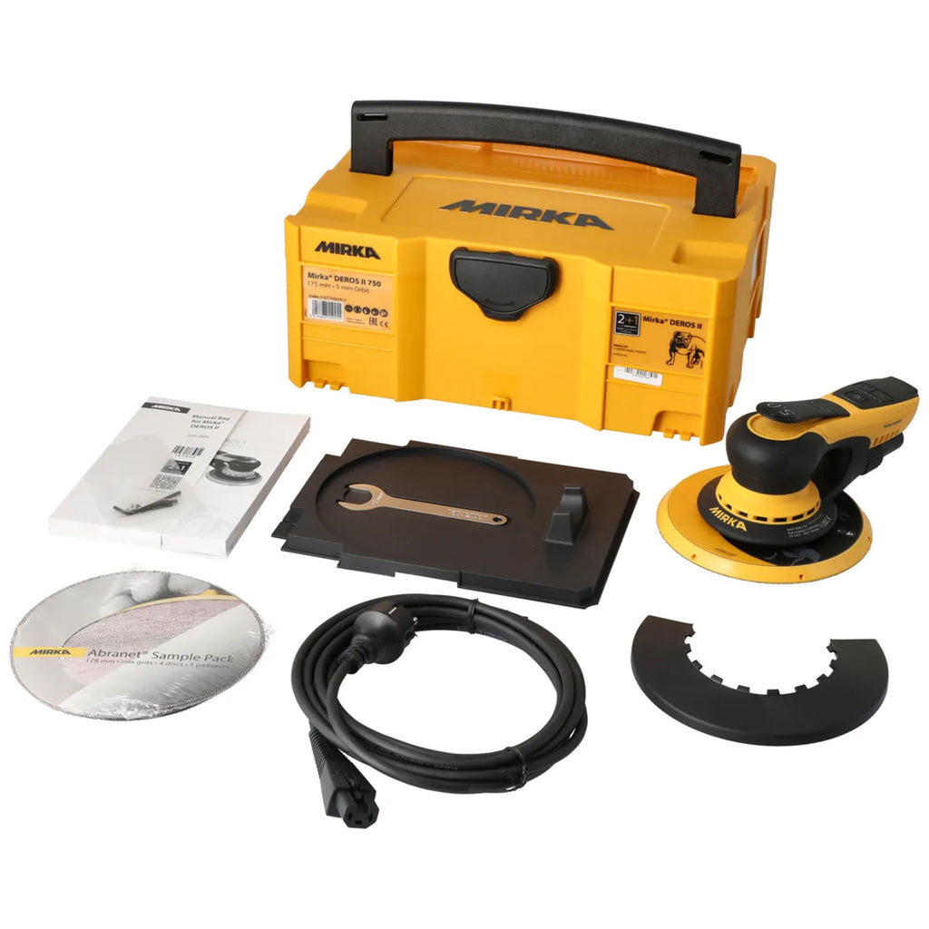 Mirka DEROS II 750 kit with a storage case, Abranet sample pack, and accessories