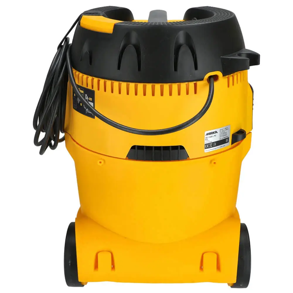 Rear view of Mirka dust extractor showing sturdy wheels and technical specifications
