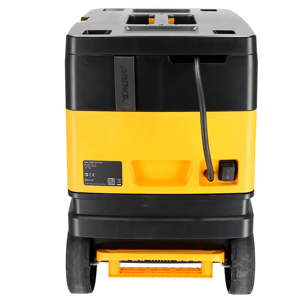 Rear view of Mirka DEXOS 1217 M AFC showing power switch and technical specifications