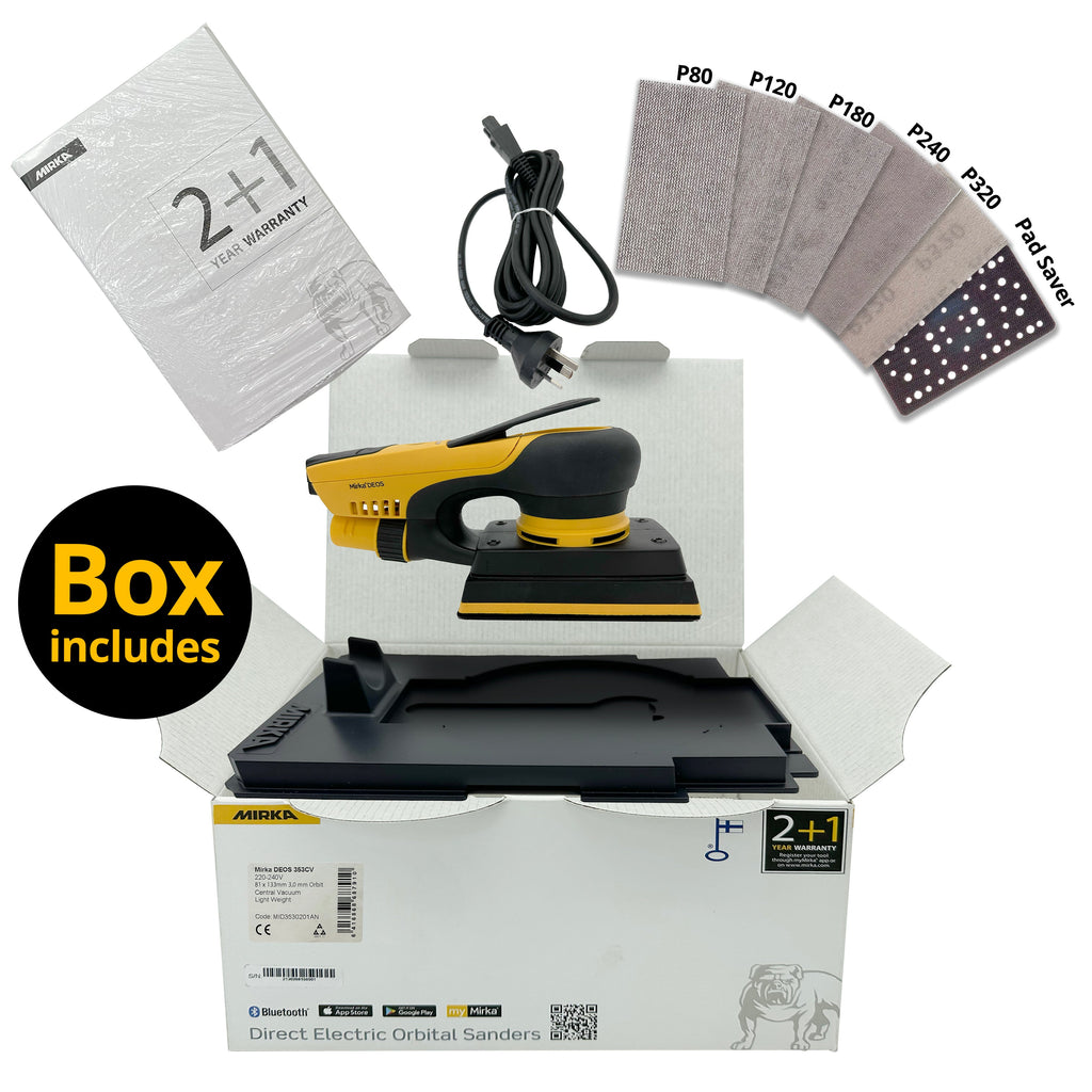 Mirka DEOS II 353CV box contents including sander, net abrasives, and pad saver