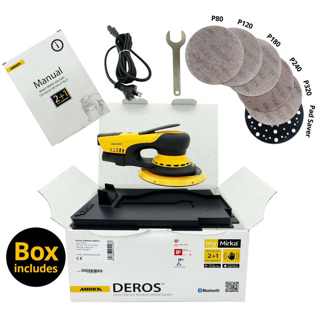 Mirka DEROS kit containing the 625CV sander, Abranet discs, pad saver, and manual