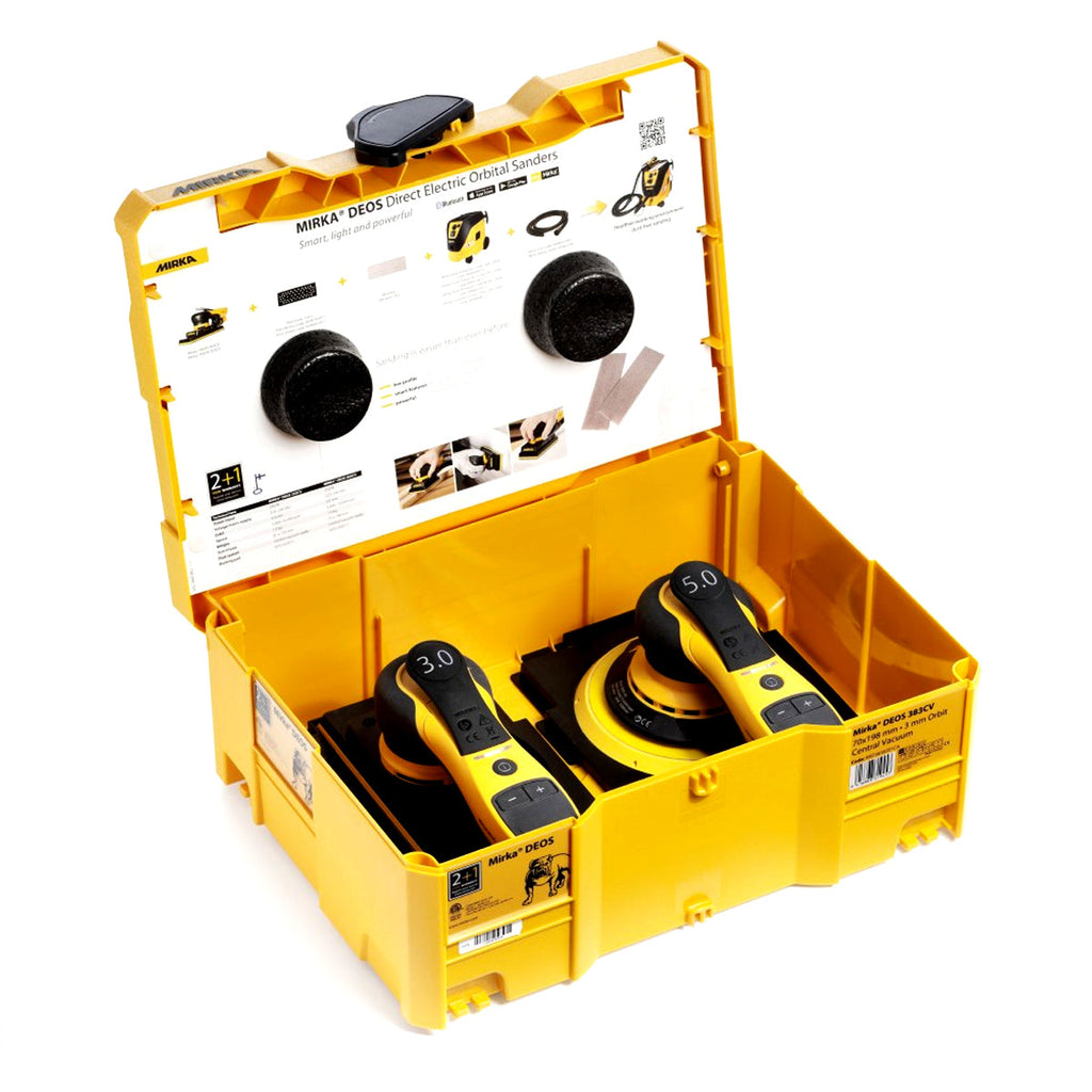 Open Mirka stackable case showing custom black tray inlays with DEROS and DEOS sanders