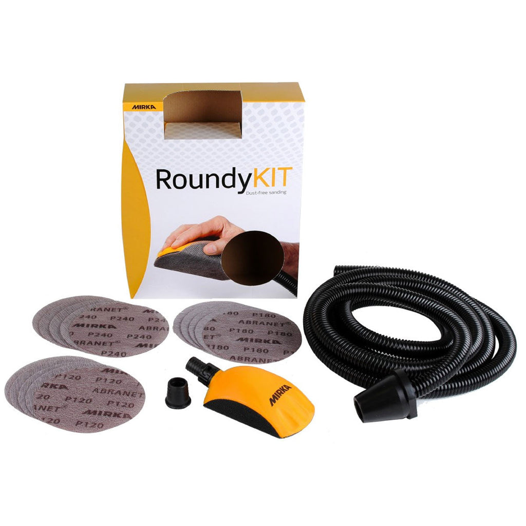 Mirka Roundy Kit containing hand sanding block, extraction hose and Abranet abrasive discs