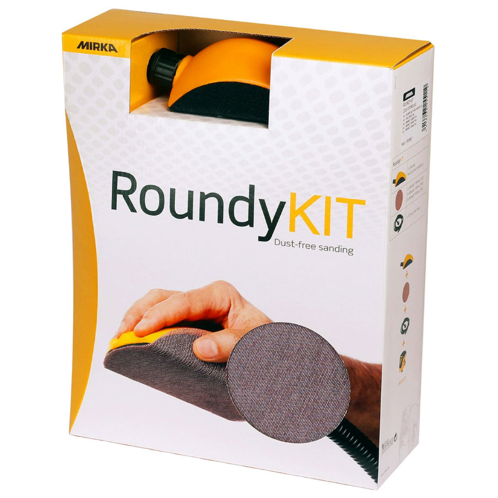 Retail packaging for Mirka Roundy Kit designed for professional dust-free hand sanding