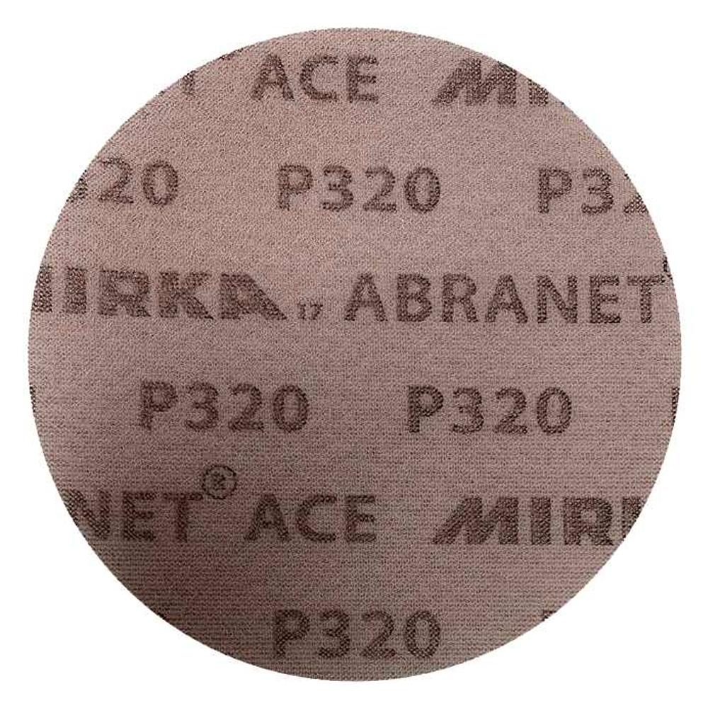 Close-up of the Mirka Abranet Ace P320 grit ceramic net abrasive surface