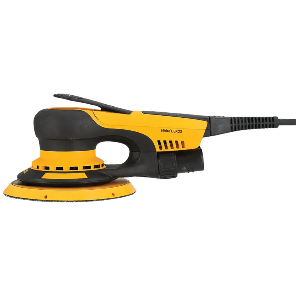 Balanced profile view of Mirka DEROS II 650CV electric sander with 150mm backing pad