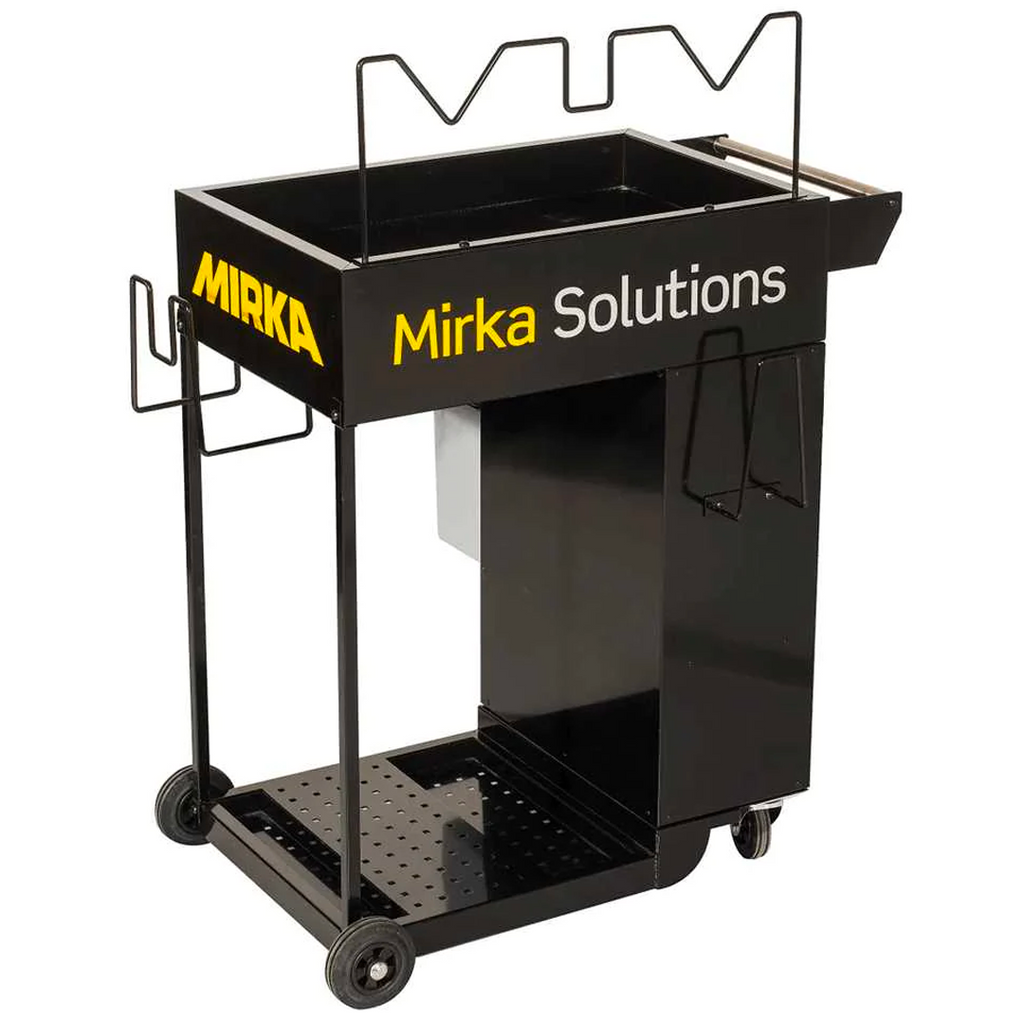 Rear view of the rugged Mirka workstation with sturdy wheels for job site mobility