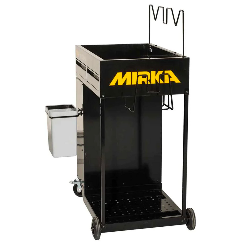 Side view of the Mirka Solution Trolley showing the lockable side locker and waste bin