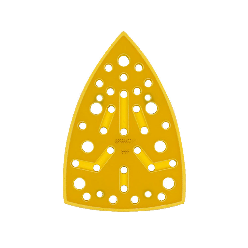 Yellow triangular 100x152x152mm backing pad with 32 holes for Mirka DEOS Delta sanders