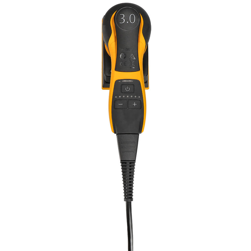 Top view of the Mirka DEOS II showing ergonomic handle and integrated speed controls