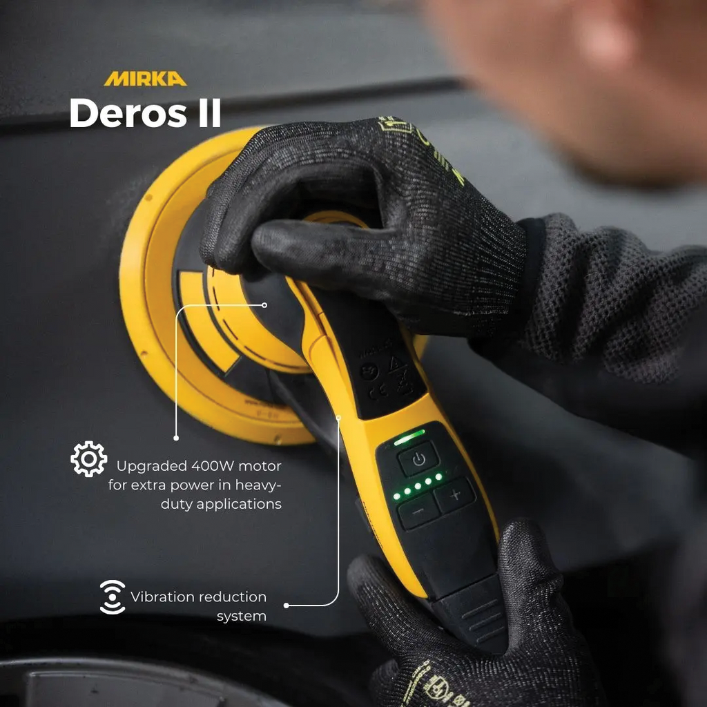 Upgraded 400W motor on Mirka DEROS II for heavy-duty professional sanding applications