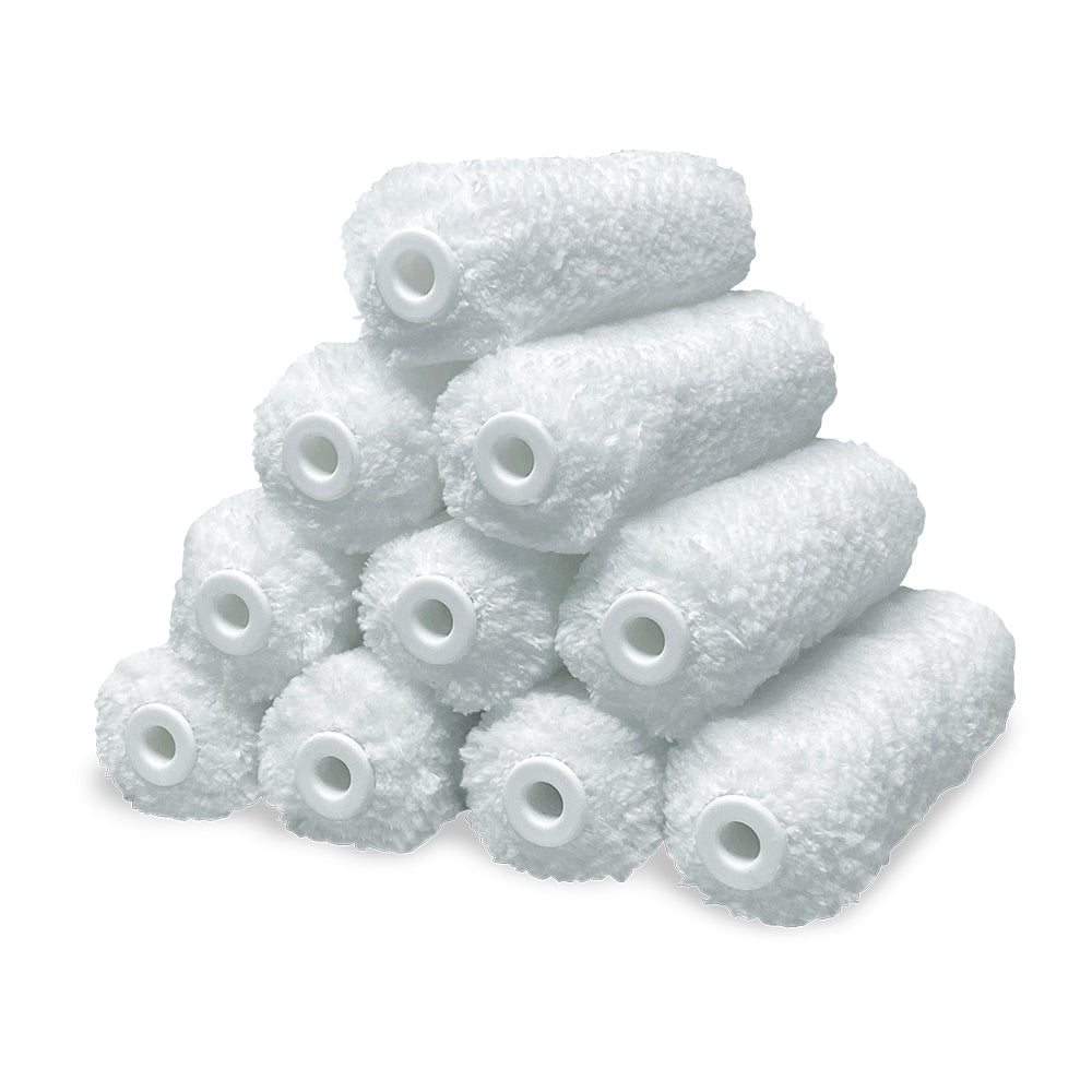 Stack of 10 Oldfields nook & cranny 100mm mini rollers, 10mm pile microfibre covers
