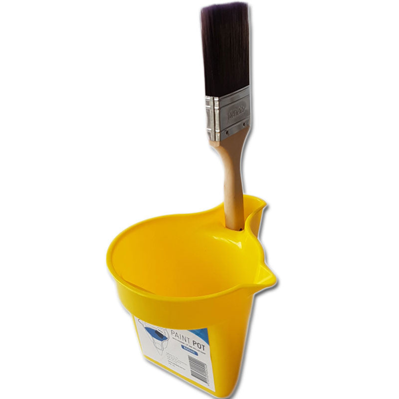 Yellow Oldfields 600ml paint pot showing integrated brush holder and pouring lip