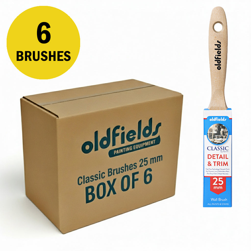 DIY pack of 6 Oldfields Classic 25mm wall brushes for detailed trim and touch-ups