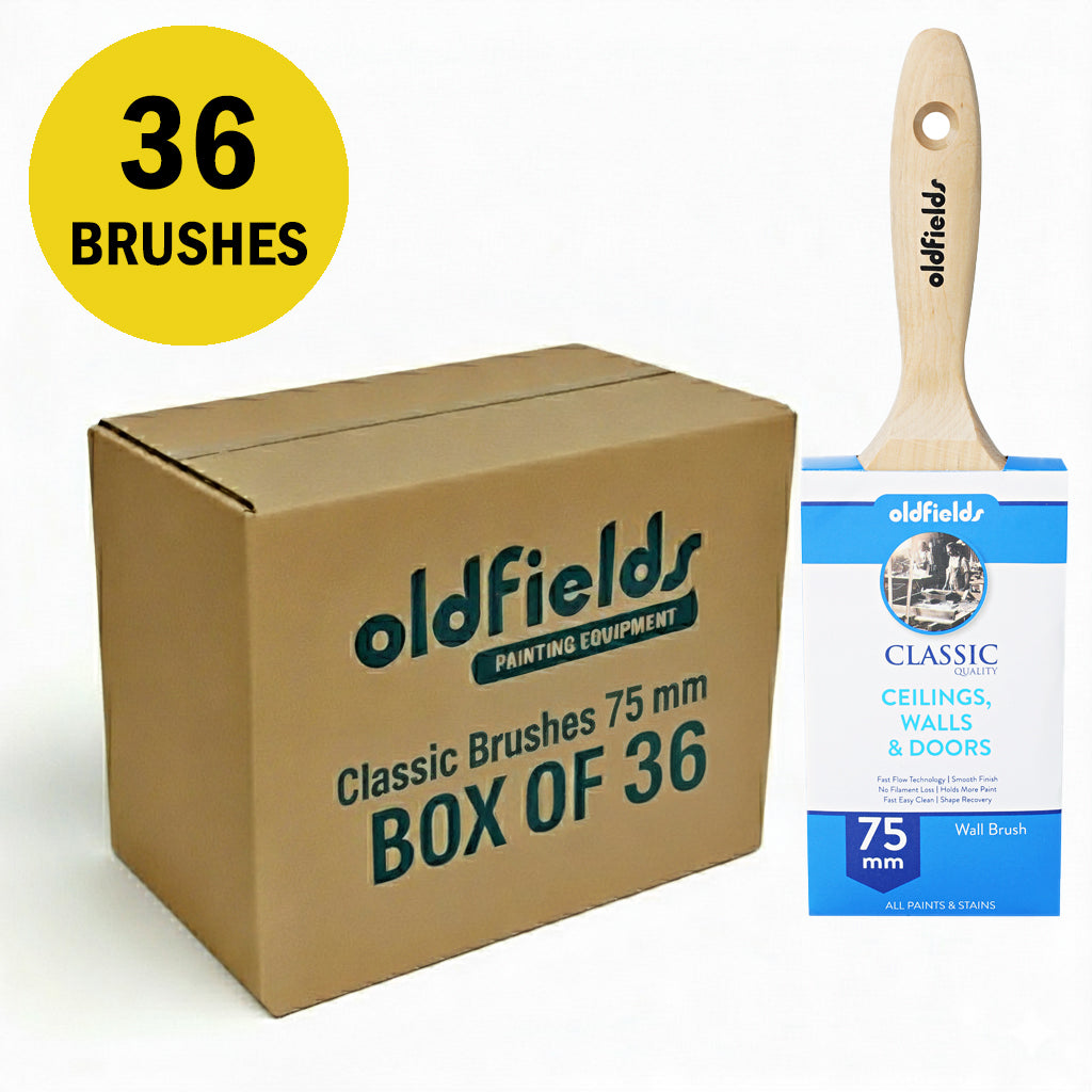 Bulk storage box containing 36 Oldfields Classic 75mm wall brushes for all-purpose use