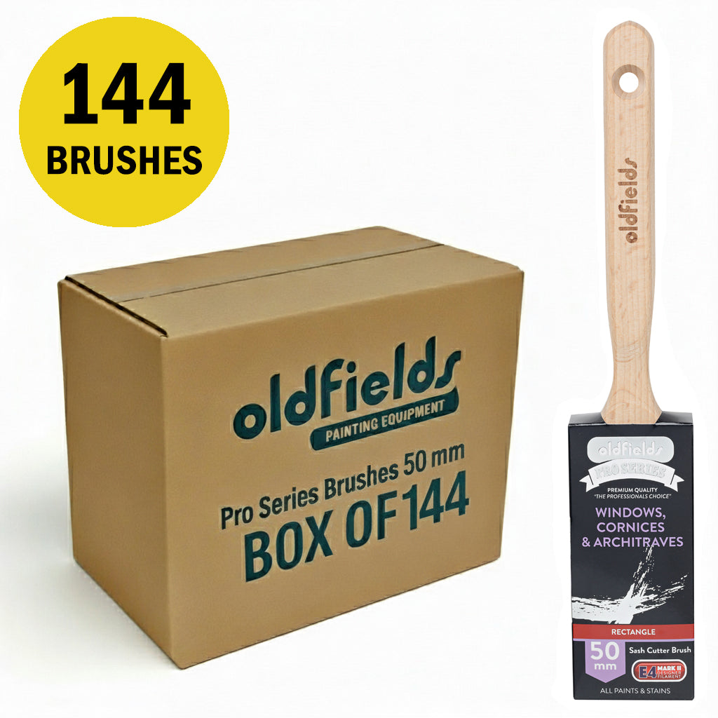 Full box of 144 Oldfields Pro Series 50mm brushes, ideal for industrial painting supplies