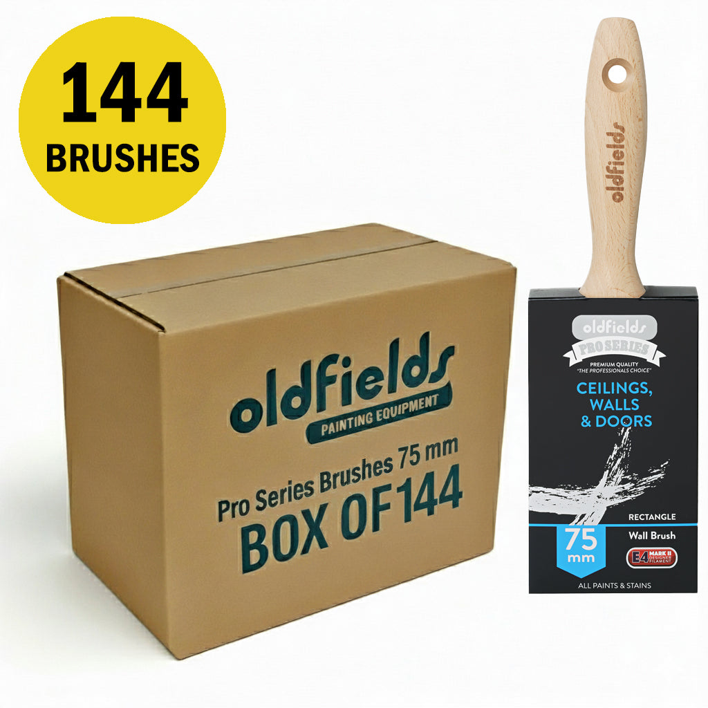 Full box of 144 Oldfields 75mm wall brushes, ideal for industrial painting supplies