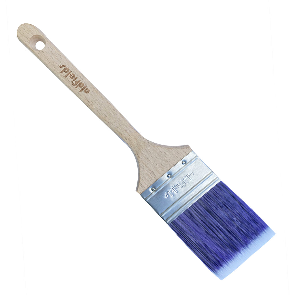 Oldfields Pro Series sash cutter brush with long timber handle and purple synthetic bristles.