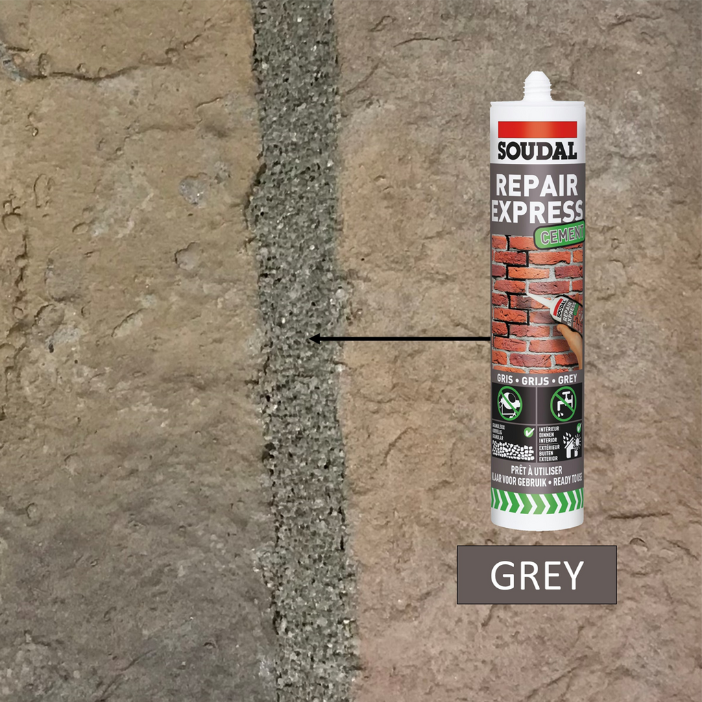 Soudal Repair Express Cement Grey filler applied to a wide crack in a concrete wall