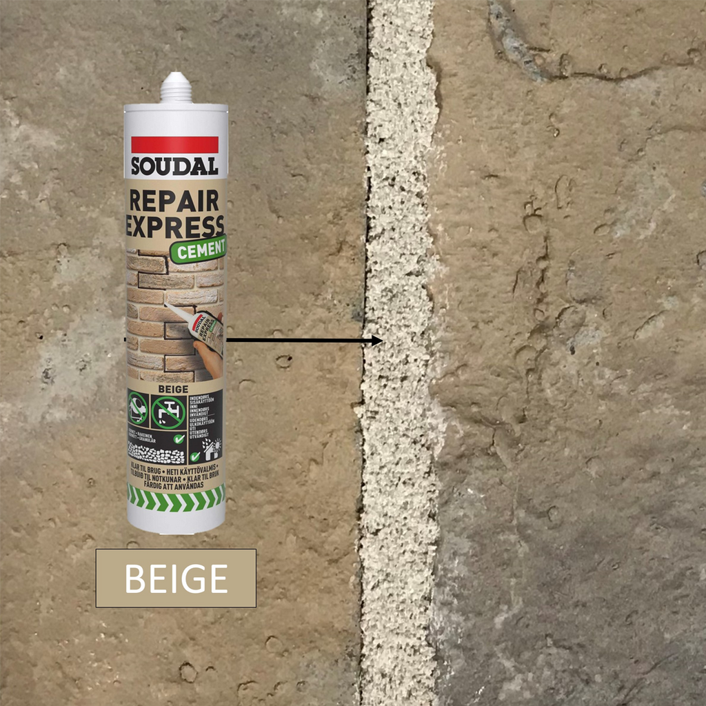 Close-up of Beige Soudal Repair Express Cement filler sealing a vertical masonry joint