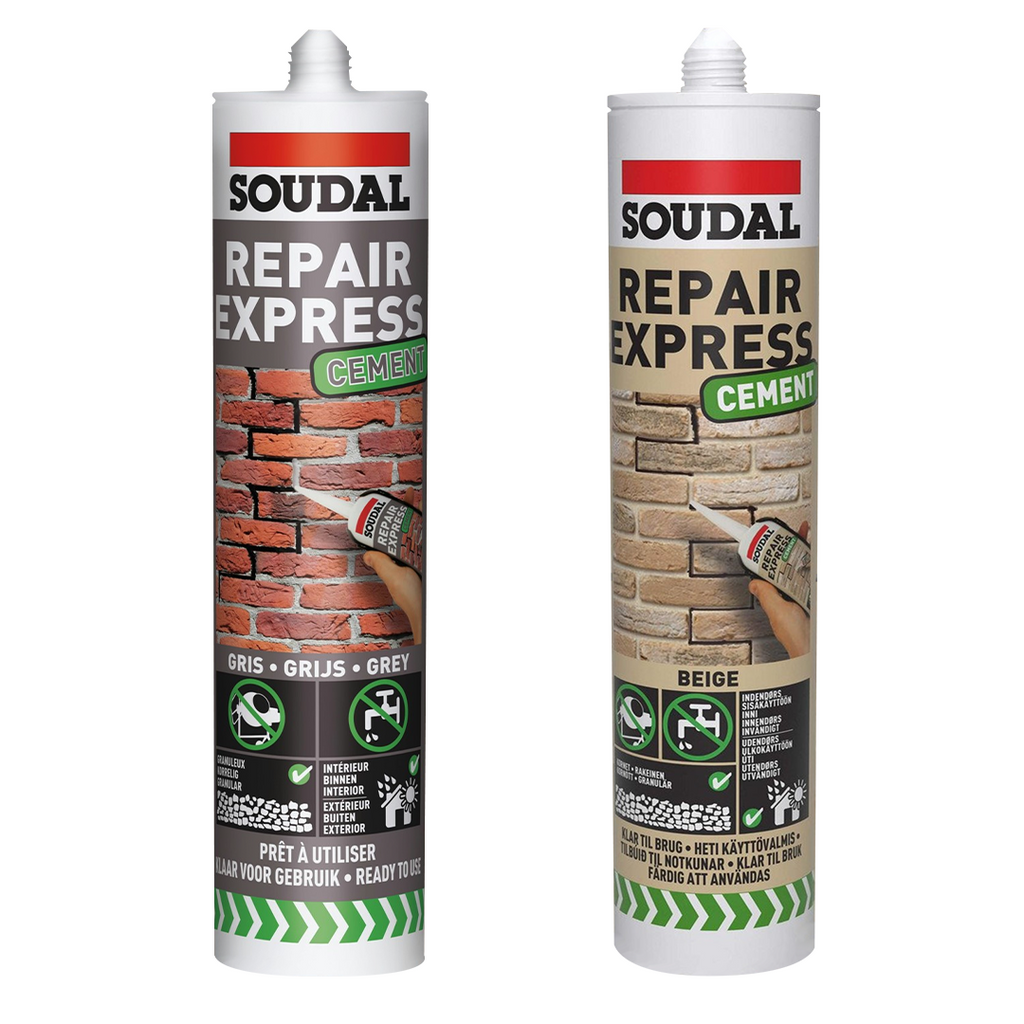 Comparison of Soudal Repair Express Cement 290ml cartridges in Grey and Beige colors
