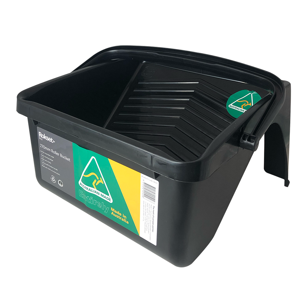 Rokset Pro 270mm Roller Bucket in black, featuring a built-in ramp and 4L paint capacity