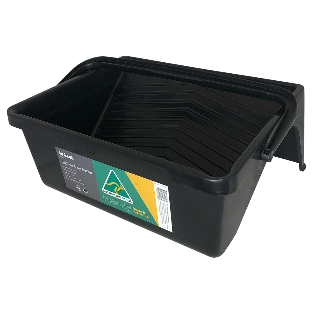 Angled view of Rokset Pro 360mm Roller Bucket featuring wide profile for 14 inch rollers