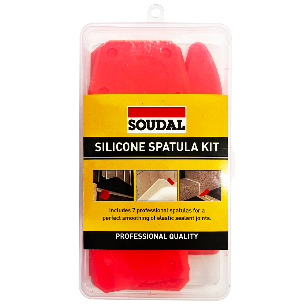 Soudal 7-piece Professional Silicone Spatula Kit in a compact retail storage case.
