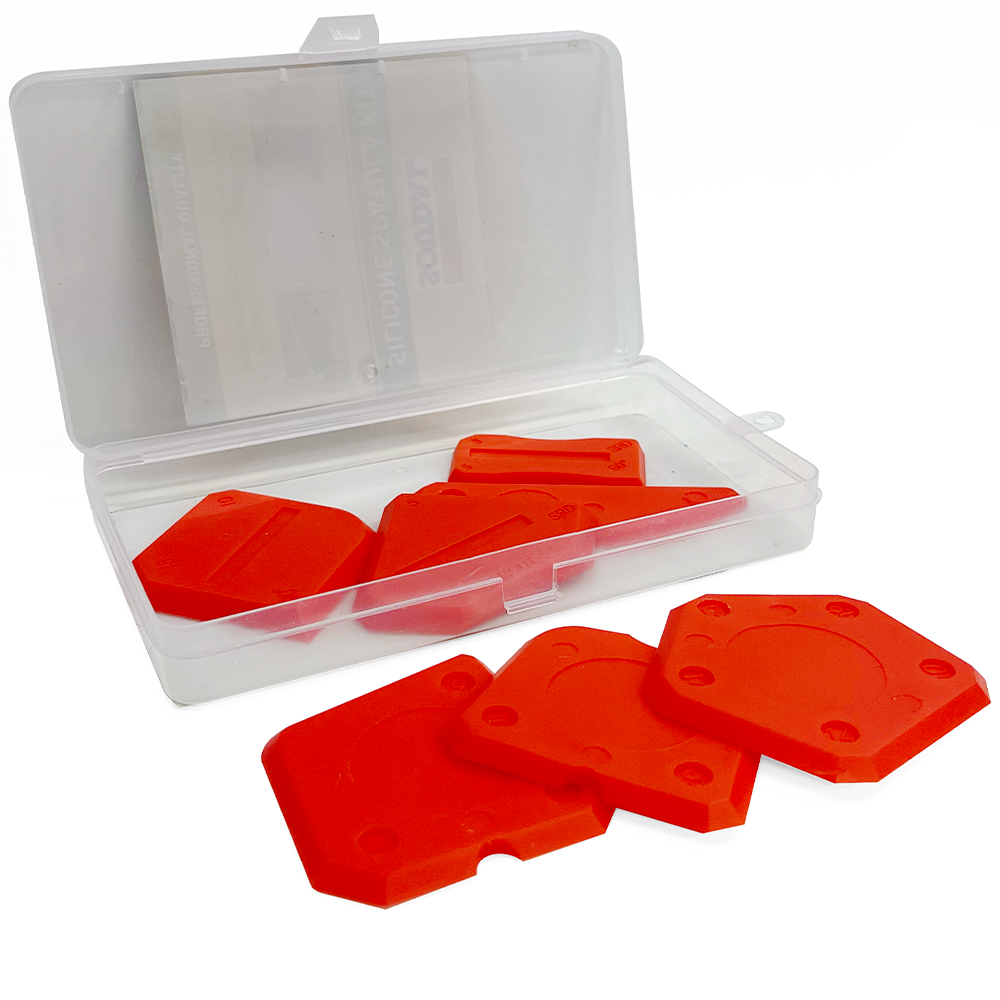 Seven red professional sealant smoothing spatulas displayed with their storage box