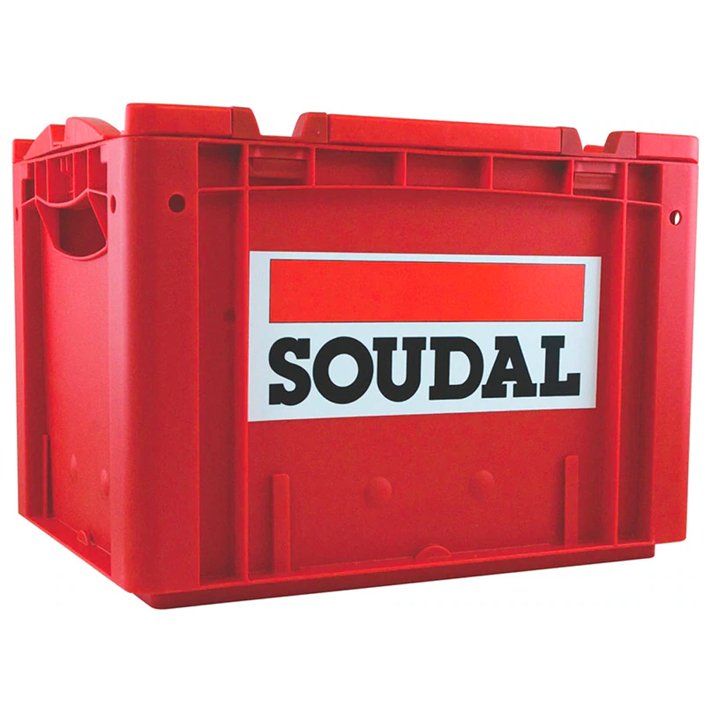 Soudal heavy-duty stackable red trade storage case with folding lid for pickup trucks and vans