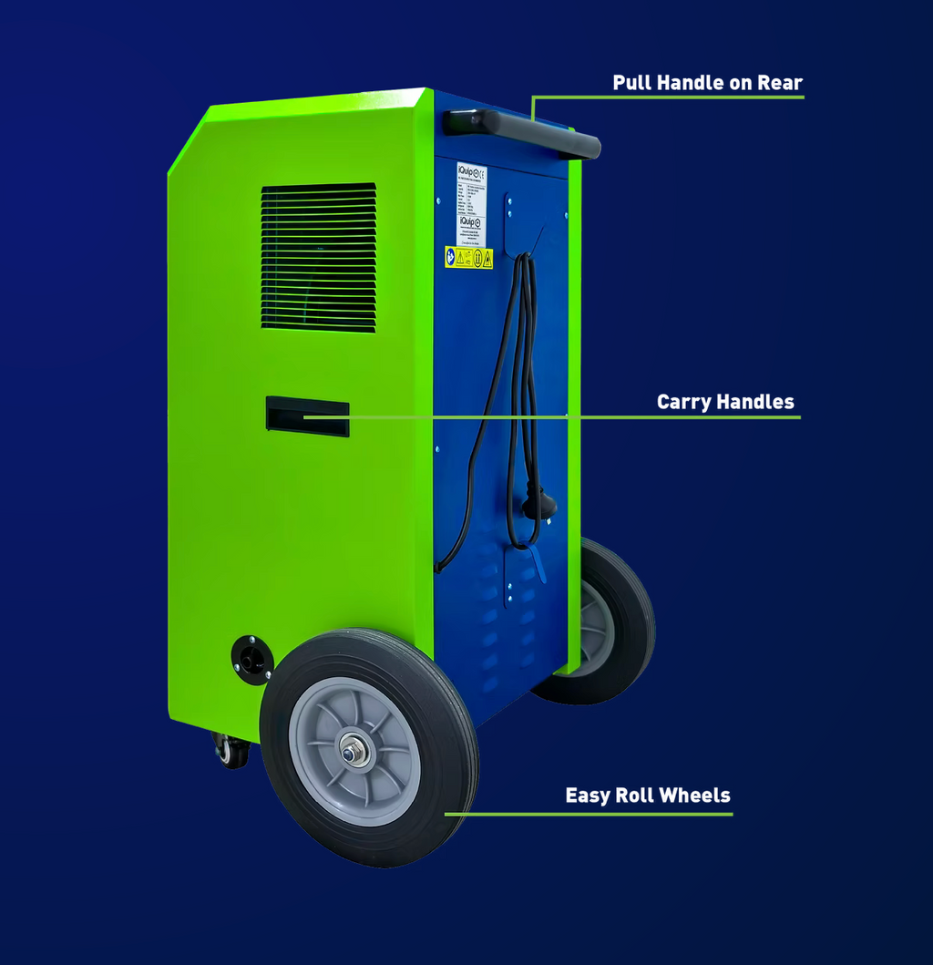 Back view infographic of iQuip dehumidifier showing cable hook and easy roll wheels